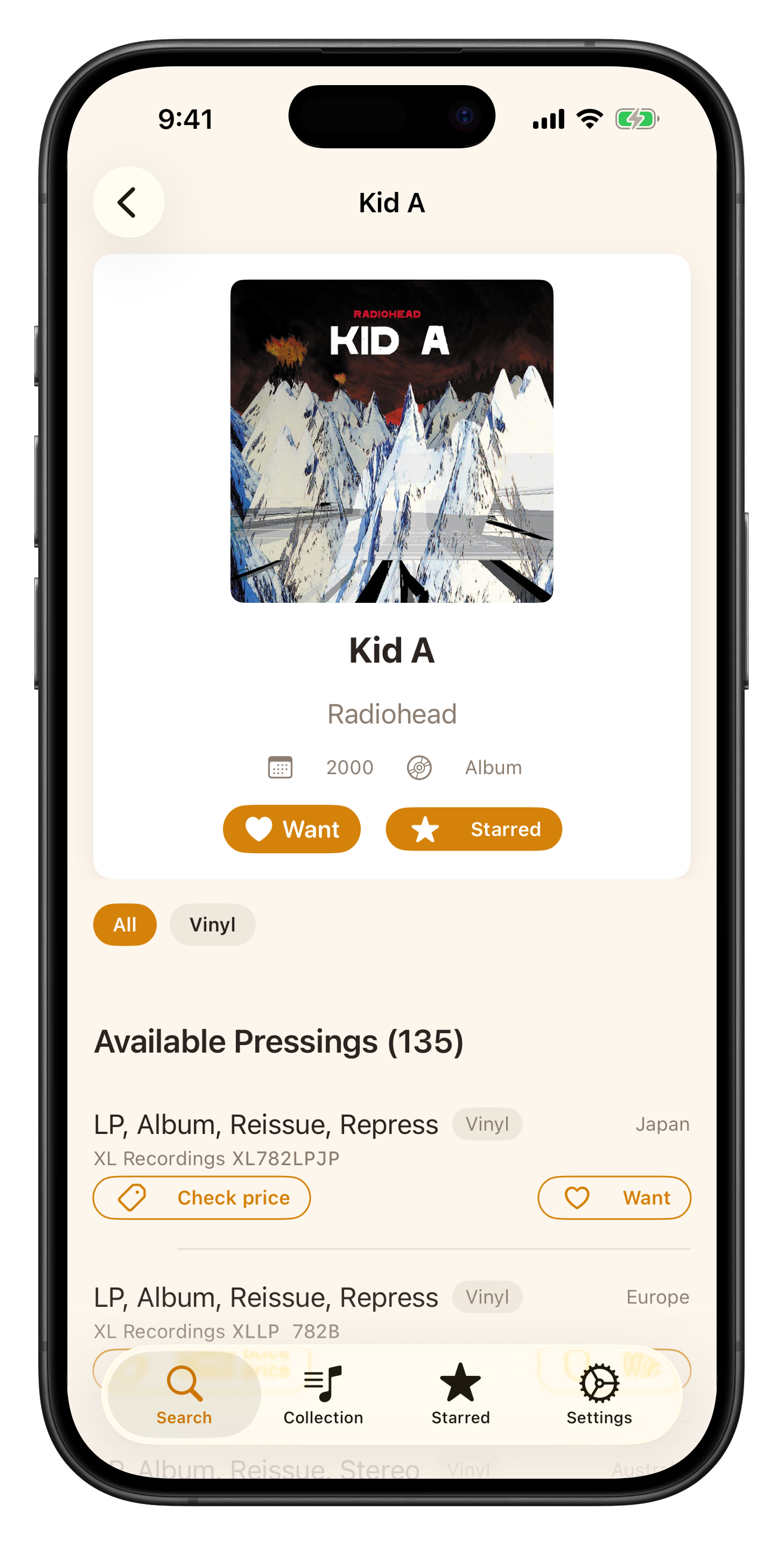 DiscList showing Kid A album detail with 135 pressings